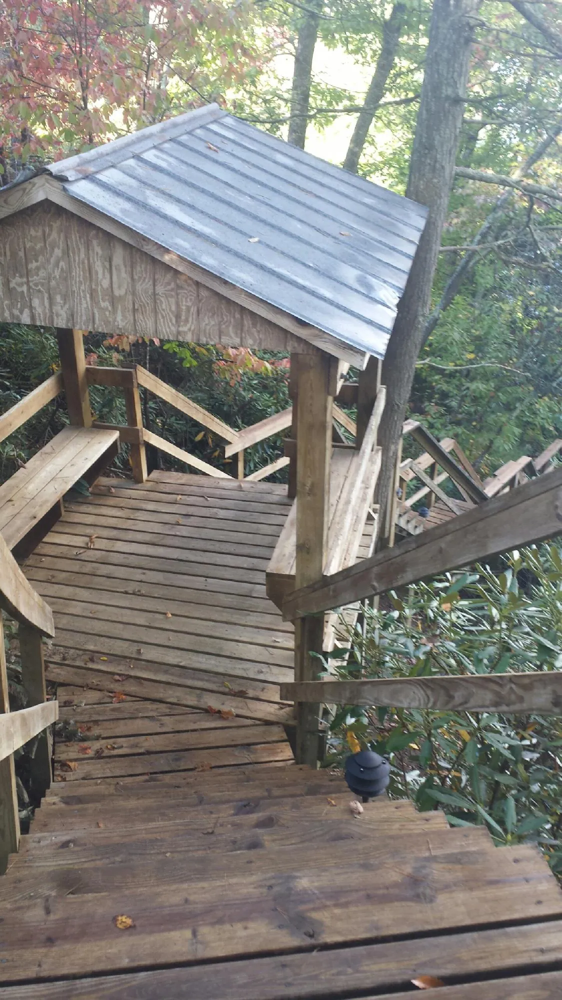 Metal roofed shelter over wooden steps on a wooded walkway — Skylight Repair & Installation work by our crew in Cross Fork